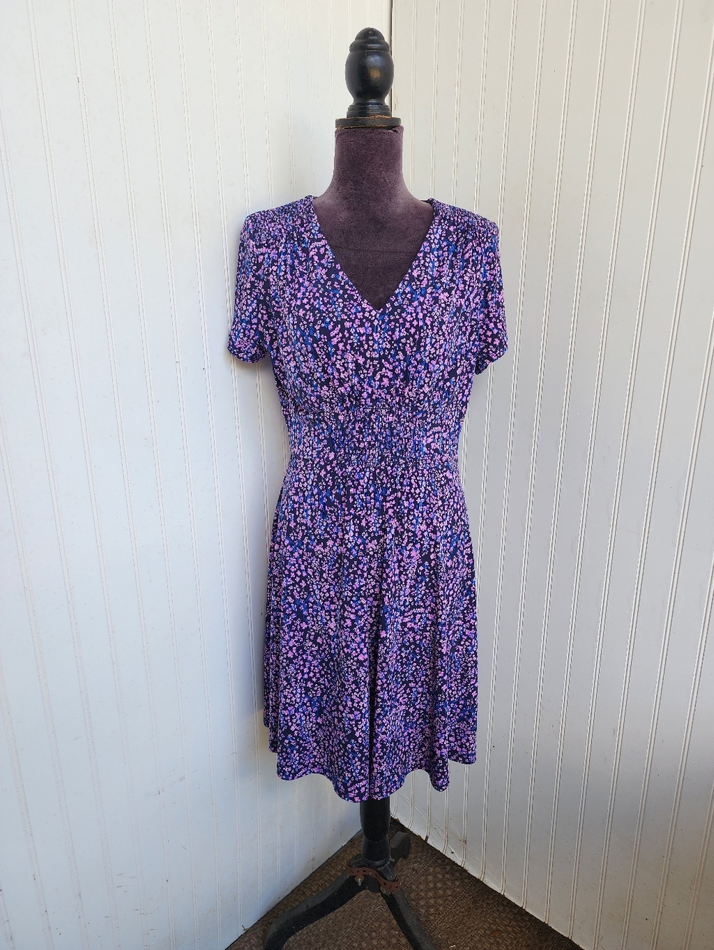 Wisp Babydoll Dress Comfort Purple Floral Jersey Size 10 Dark Cottage Smocked